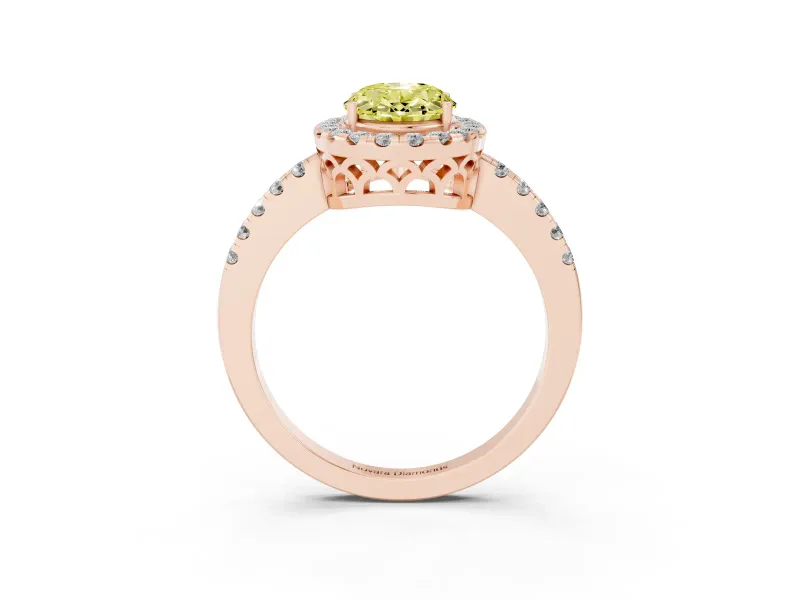 Fancy Yellow Oval Cut Diamond Pavé Band Halo Engagement Ring Set in Rose gold with Prong Setting