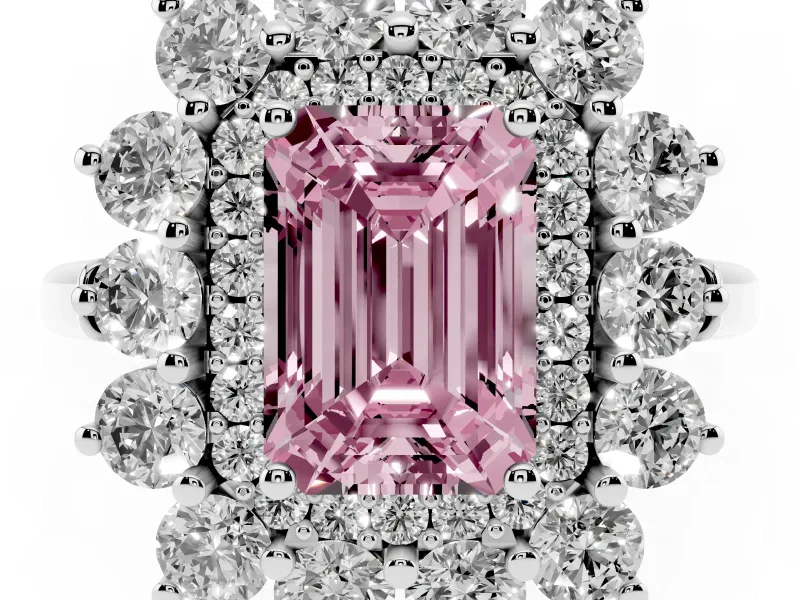 Emerald Cut Floral Double Halo Engagement Ring Setting for a Fancy Pink Lab-Grown Diamond | Plain Band | Platinum
