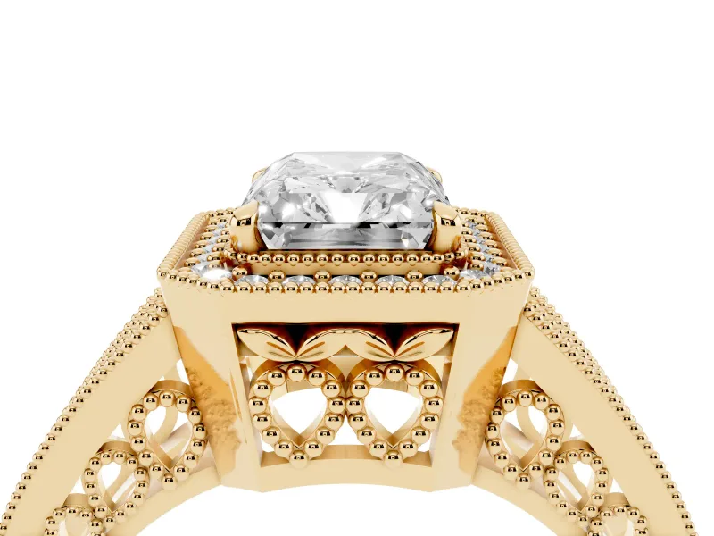 Radiant Cut Vintage Milgrain Halo Engagement Ring Setting | Pave Split Shank | Yellow Gold