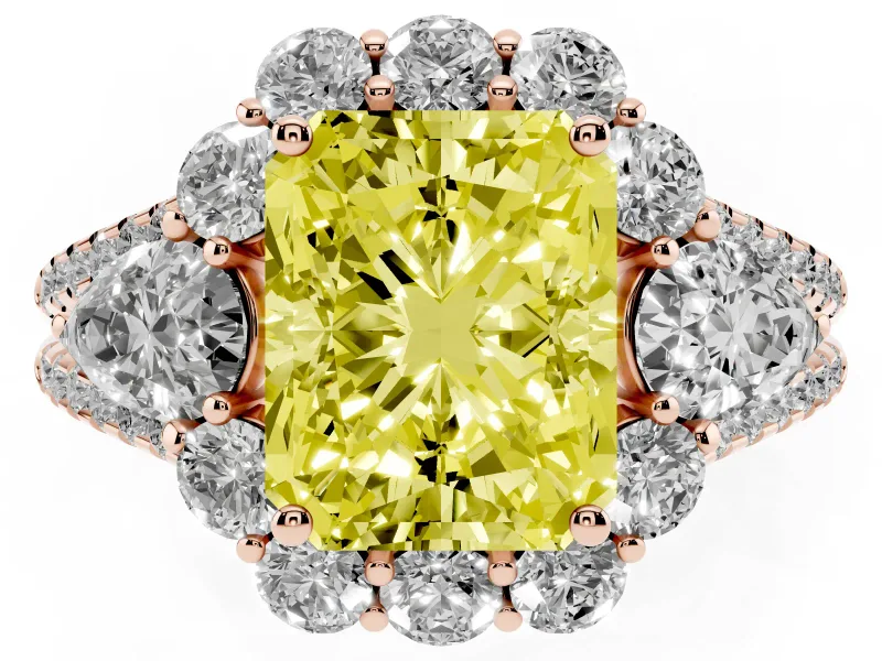 Fancy Yellow Radiant Cut Diamond Halo Split Shank Engagement Ring Set in Rose gold with Prong-Held Center Stone