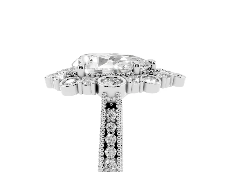 Pear Cut Diamond Halo Milgrain Pavé Ring Set in Platinum with Prong Setting