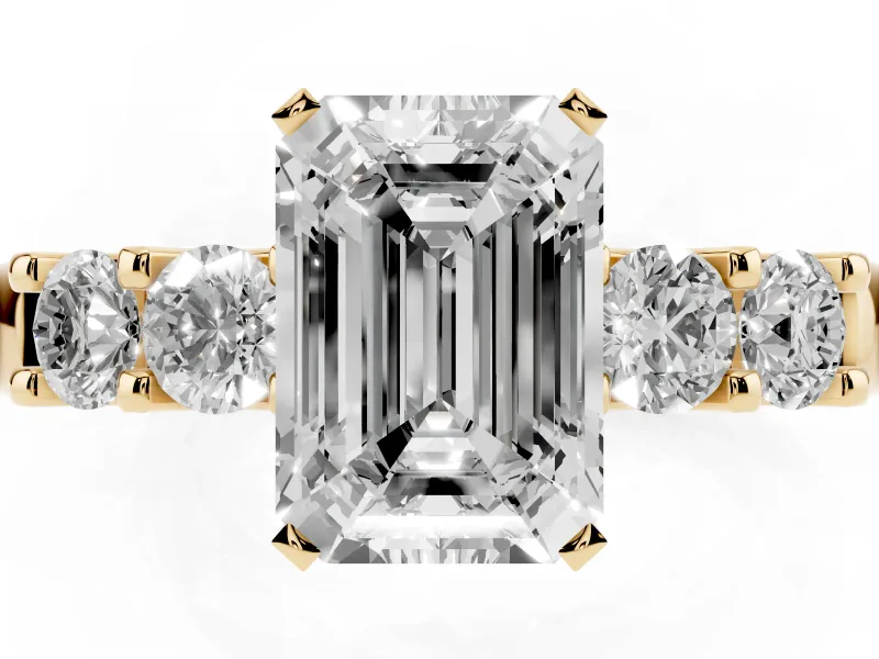 Emerald Cut Five Stone Engagement Ring Setting | Prong-Set Side Stones | Yellow Gold