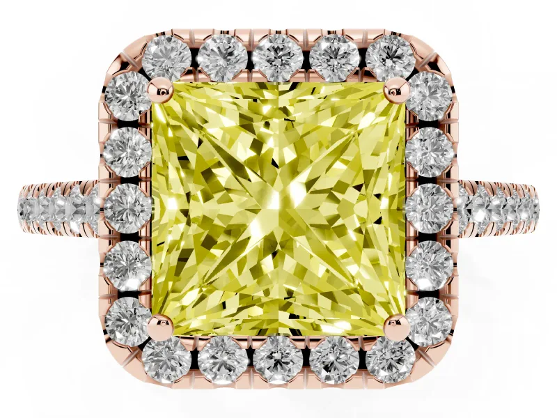 Princess Cut Halo Engagement Ring Setting for a Fancy Yellow Lab-Grown Diamond | Pave Shoulders | Rose Gold