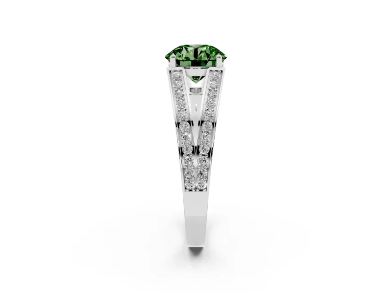 Fancy Green Round Cut Diamond Split Shank Ring Set in Silver with Pavé Band and Prong Setting