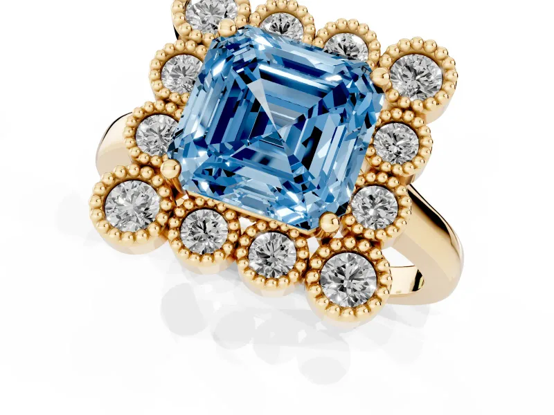 Asscher Cut Milgrain Cluster Halo Engagement Ring Setting for a Fancy Blue Lab-Grown Diamond | Plain Band | Yellow Gold