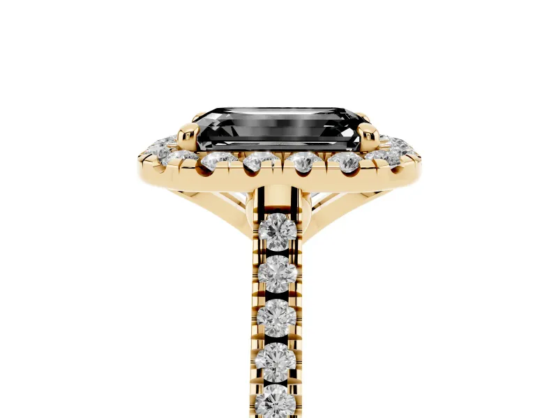 Emerald Cut Halo Engagement Ring Setting for a Black Center | Tapered Band | Yellow Gold