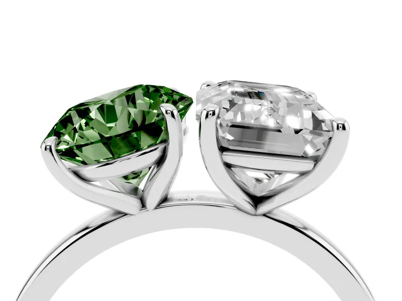 Fancy Green Round Cut and Emerald Cut Toi Moi Ring Set in White gold with Prong Setting