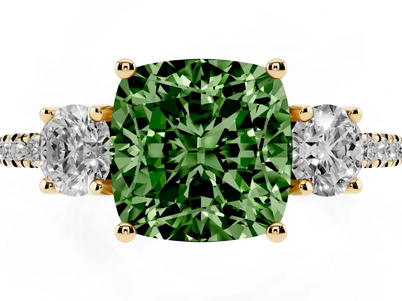 Cushion Cut Three Stone Engagement Ring Setting for a Fancy Green Lab-Grown Diamond | Pave Shoulders | Yellow Gold