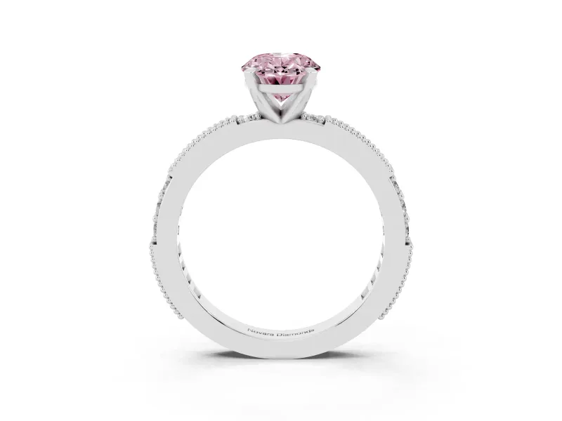 Fancy Pink Oval Cut Diamond Solitaire Ring Set in Silver with Slim Pavé Band and Prong Setting