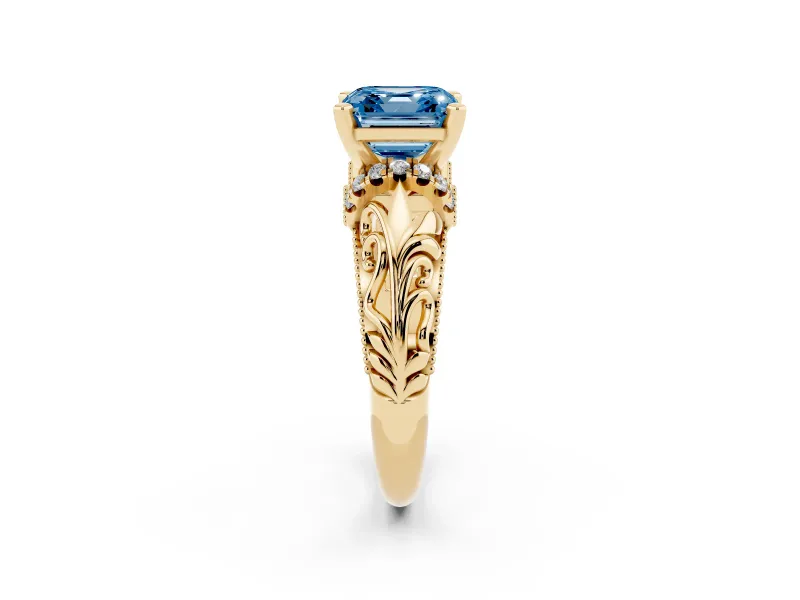Fancy Blue Asscher Cut Diamond Filigree Halo Engagement Ring Set in Yellow gold with Prong Setting