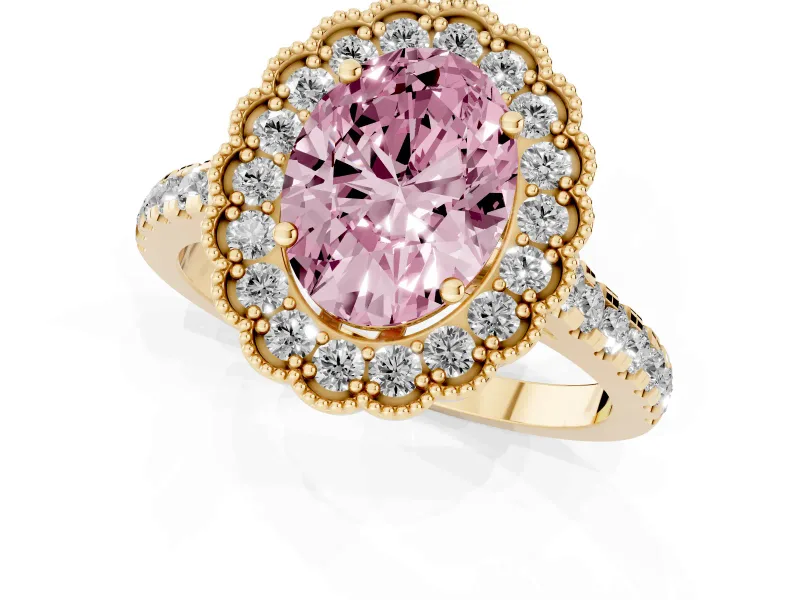 Fancy Pink Oval Cut Diamond Milgrain Floral Halo Engagement Ring Set in Yellow gold with Pavé Band