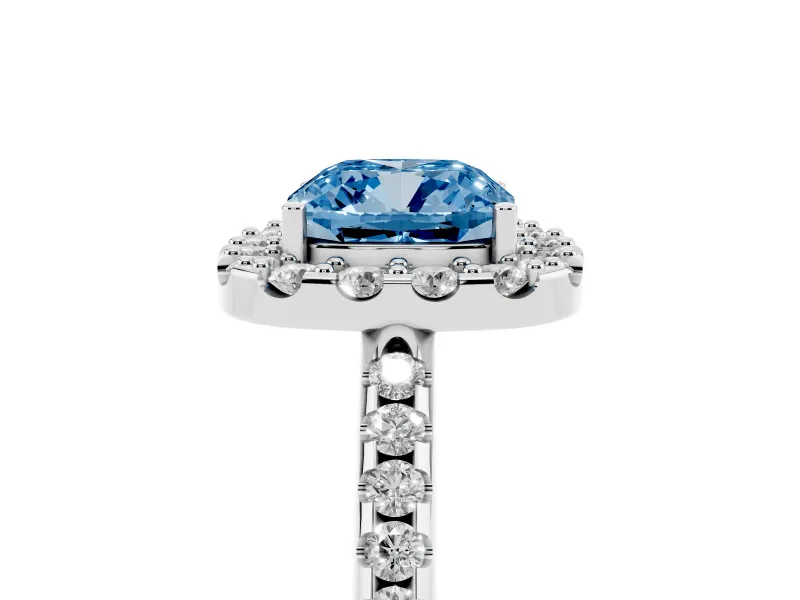 Cushion Cut Pave Halo Engagement Ring Setting for a Fancy Blue Lab-Grown Diamond | Pave Band | Platinum