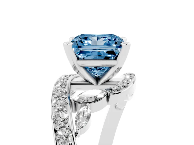 Fancy Blue Princess Cut Diamond Solitaire Ring Set in White gold with Pavé Twist Band and Secure Prong Setting