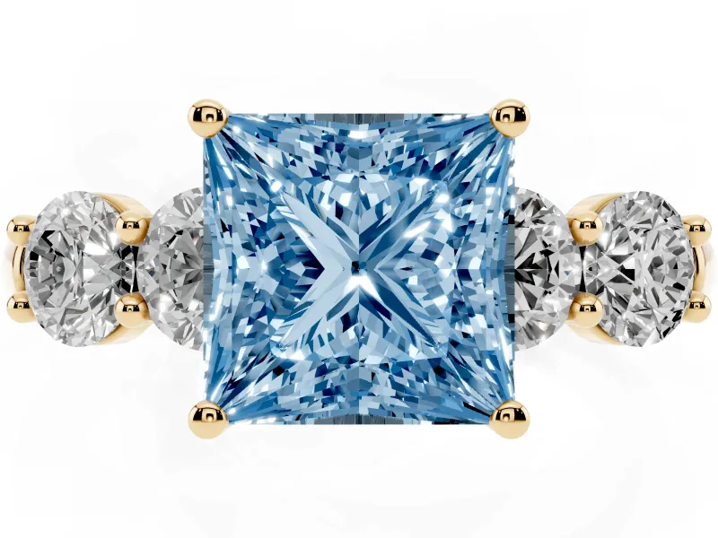 Princess Cut Five Stone Engagement Ring Setting for a Fancy Blue Lab-Grown Diamond | Prong Set Side Stones | Yellow Gold