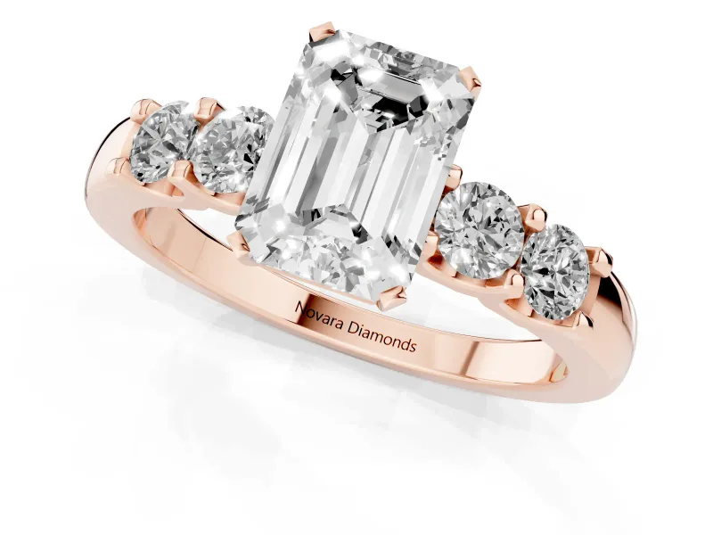 Emerald Cut Five Stone Engagement Ring Setting | Prong-Set Side Stones | Rose Gold