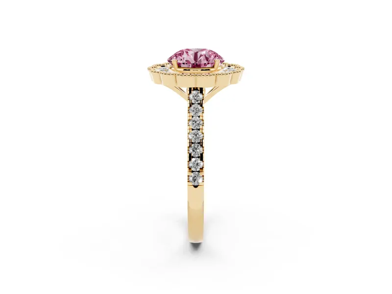 Fancy Pink Round Cut Diamond Milgrain Floral Halo Engagement Ring Set in Yellow gold with Pavé Band