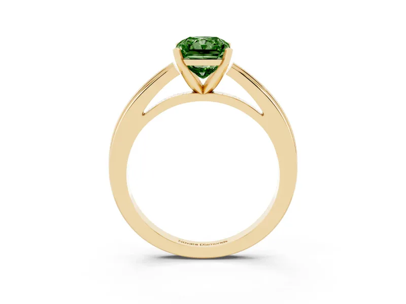 Fancy Green Radiant Cut Diamond Solitaire Ring Set in Yellow gold with Prong Setting and Classic Band