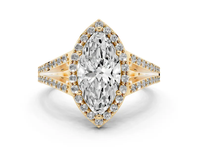 Marquise Cut Diamond Halo Split Shank Pavé Ring Set in Yellow gold with Prong Setting