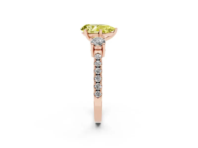 Fancy Yellow Three-Stone Pear Cut Diamond Pavé Band Ring Set in Rose gold with Prong Setting