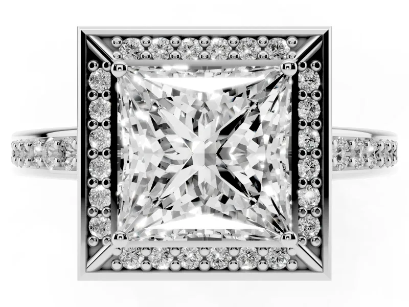 Princess Cut Diamond Halo Pavé Split Shank Ring Set in Silver with Prong Setting