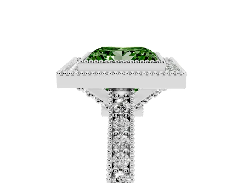Princess Cut Vintage Milgrain Halo Engagement Ring Setting for a Fancy Green Lab-Grown Diamond | Bezel Head | White Gold