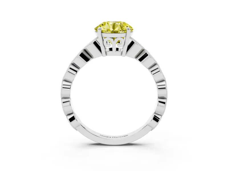 Fancy Yellow Round Cut Diamond Solitaire Ring Set in Silver with Infinity Twist Pavé Band