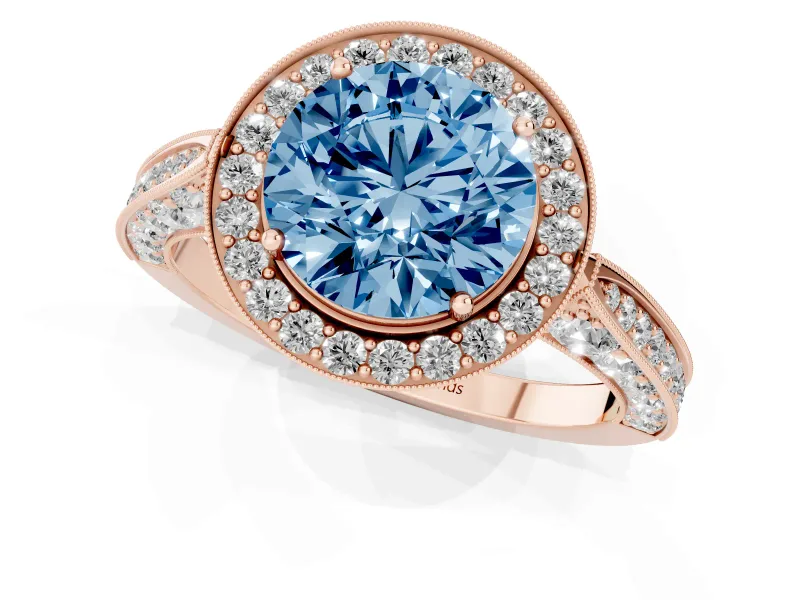 Round Milgrain Halo Engagement Ring Setting for a Fancy Blue Lab-Grown Diamond | Side Stones | Rose Gold