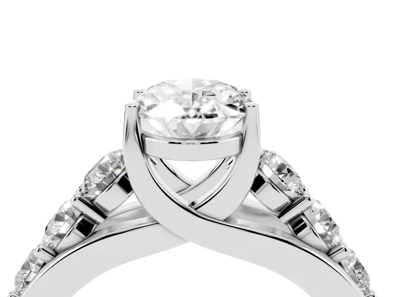 Oval Graduated Side Stone Engagement Ring Setting | Shared Prong Rails | Sterling Silver