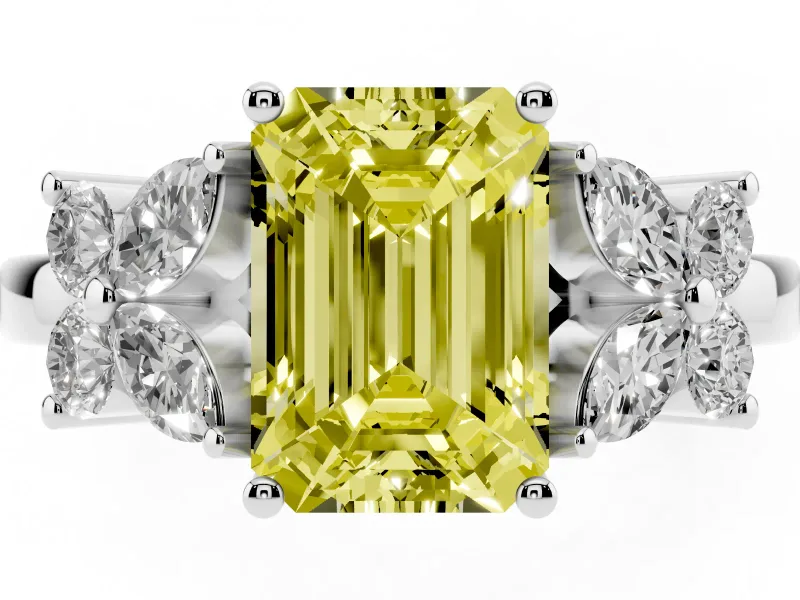 Fancy Yellow Emerald Cut Diamond Floral Cluster Ring Set in White gold with Marquise Petals and Prong Setting