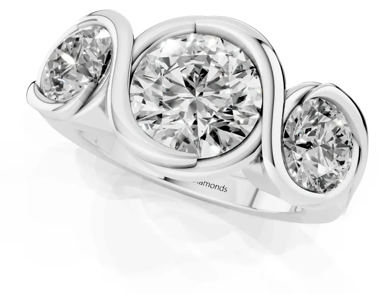 Round Bezel Three Stone Engagement Ring Setting | S-Curve Wave | White Gold