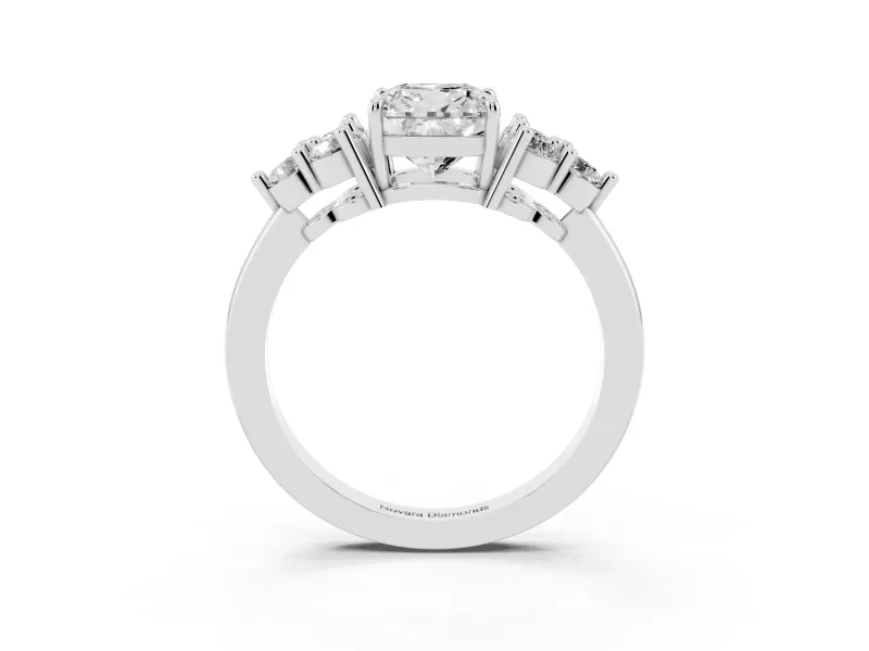 Cushion Cut Diamond Solitaire Ring Set in Silver with Cluster Accents on Each Side