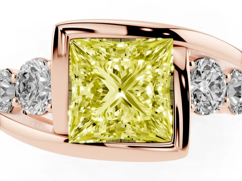 Fancy Yellow Princess Cut Diamond Bezel Bypass Ring Set in Rose gold with Round Accents