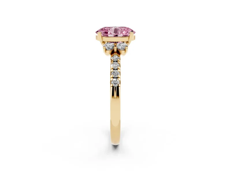 Oval Side Stone Engagement Ring Setting for a Fancy Pink Lab-Grown Diamond | Pave Band | Yellow Gold