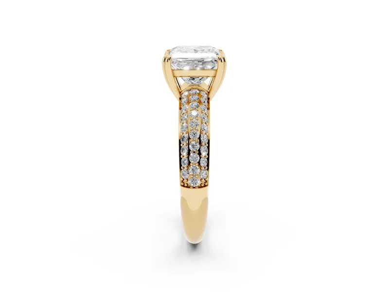 Princess Cut Three Row Pave Solitaire Engagement Ring Setting | Double Claw Prongs | Yellow Gold