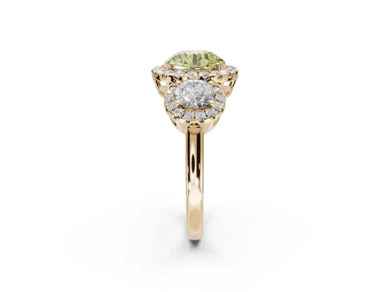 Round Three Stone Halo Engagement Ring Setting for a Fancy Yellow Lab-Grown Diamond | Yellow Gold