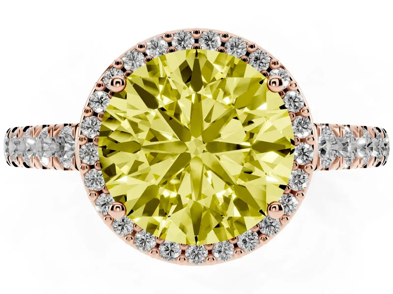 Fancy Yellow Round Cut Diamond Halo Engagement Ring Set in Rose gold with Pavé Band and Prong Setting
