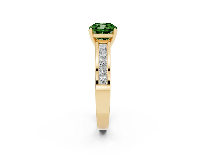 Fancy Green Cushion Cut Diamond Solitaire Ring Set in Yellow gold with Channel-Set Band and Prong Setting