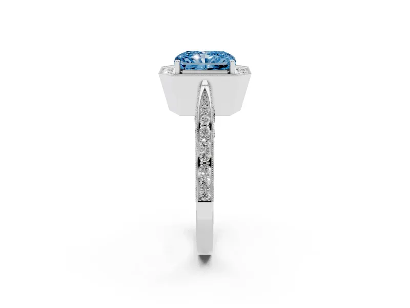 Radiant Cut Milgrain Halo Engagement Ring Setting for a Fancy Blue Lab-Grown Diamond | Side Stones | Platinum