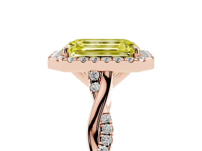 Emerald Cut Twist Halo Engagement Ring Setting for a Fancy Yellow Lab-Grown Diamond | Rose Gold