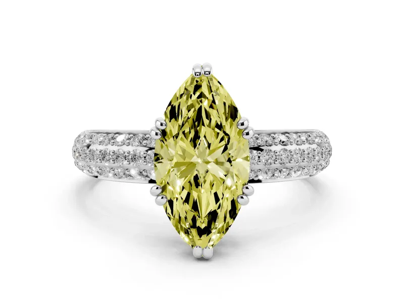 Fancy Yellow Marquise Cut Diamond Solitaire Ring Set in White gold with Multi-Row Round Pavé Band and Prong Setting