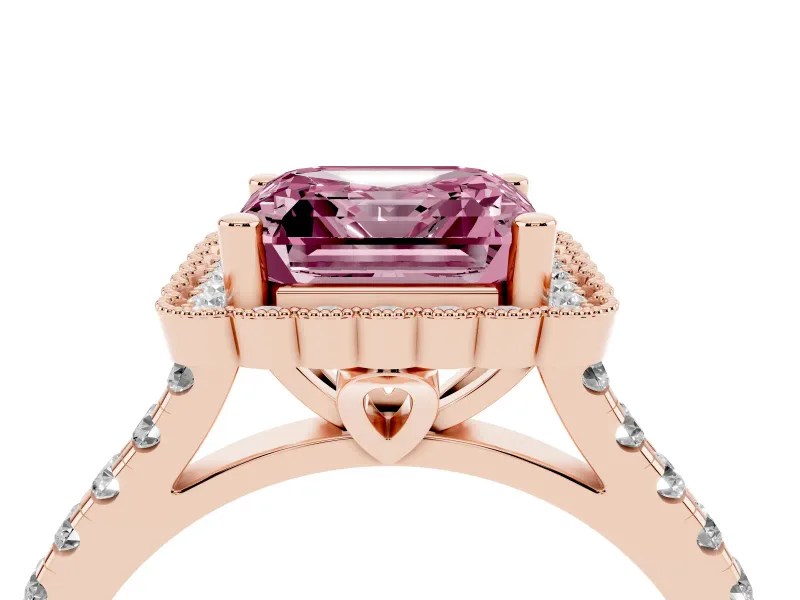 Asscher Cut Milgrain Floral Halo Engagement Ring Setting for a Fancy Pink Lab-Grown Diamond | Pavé Band | Rose Gold