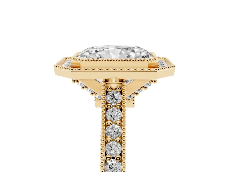 Radiant Cut Vintage Milgrain Halo Engagement Ring Setting | Bezel Head | Yellow Gold