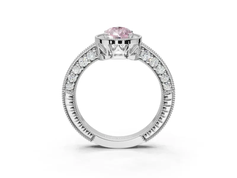 Pear-Shaped Vintage Milgrain Halo Engagement Ring Setting for a Fancy Pink Lab-Grown Diamond | Wide Pavé Band | Platinum