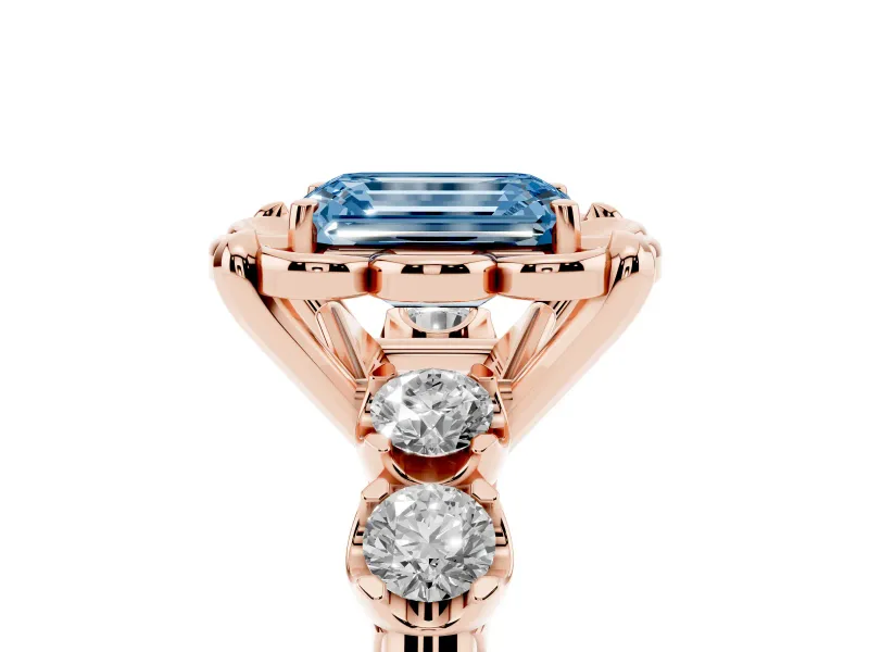 Emerald Cut Floral Engagement Ring Setting for a Fancy Blue Lab-Grown Diamond | Petal Frame and Side Stones | Rose Gold