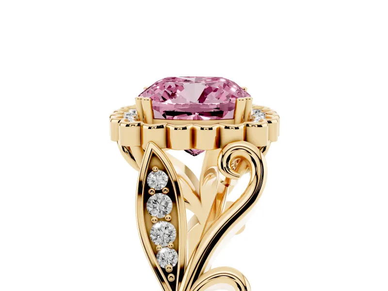 Cushion Cut Leaf Halo Engagement Ring Setting for a Fancy Pink Lab-Grown Diamond | Yellow Gold