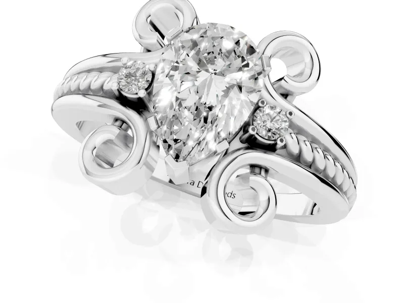 Pear-Shaped Scroll Solitaire Engagement Ring Setting | Rope Twist Band | White Gold
