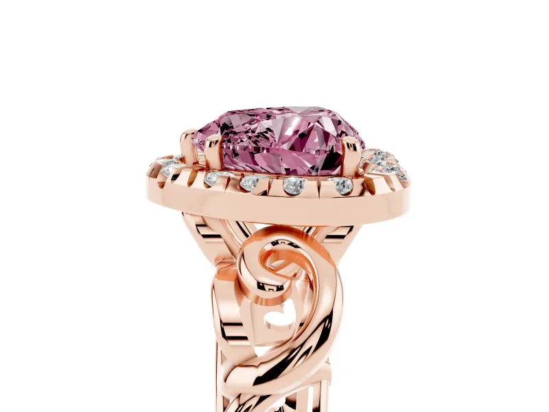 Fancy Pink Heart Cut Diamond Halo Ring Set in Rose gold with Scrollwork Band and Prong Setting