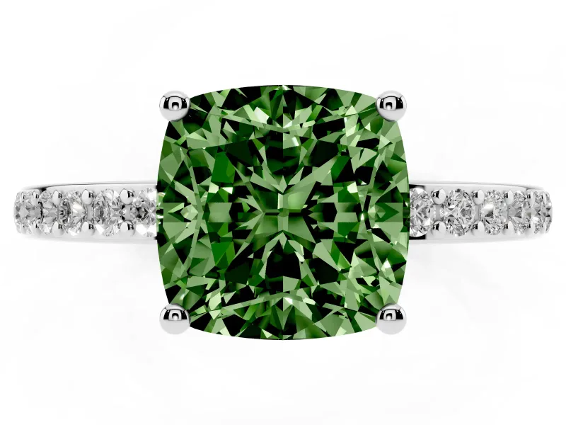 Fancy Green Cushion Cut Diamond Pavé Band Ring Set in Platinum with Prong-Set Center Stone