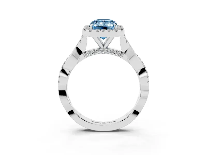 Emerald Cut Twist Halo Engagement Ring Setting for a Fancy Blue Lab-Grown Diamond | Platinum