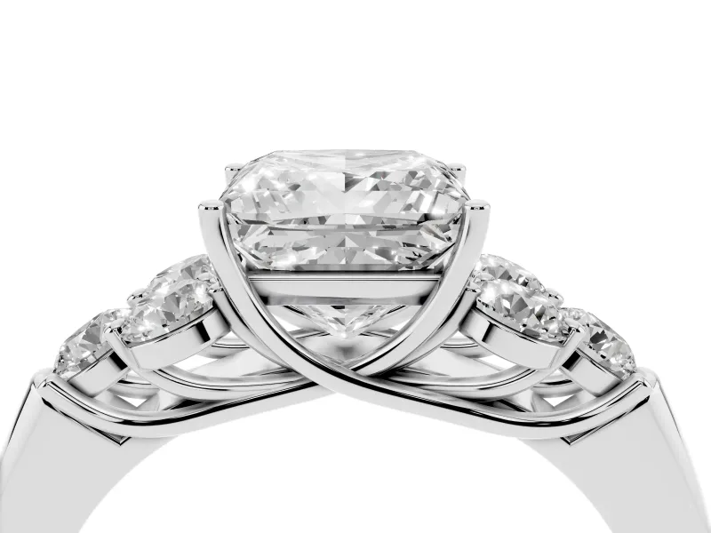 Princess Cut Diamond Cluster Ring Set in Silver with Round Accent Stones and Prong Setting on a Plain Band